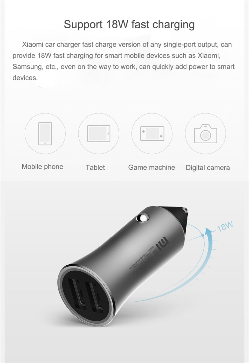 Chargeur de voiture original Xiaomi 18 watt Dual USB Quick Charge 3,0 5 v/2.4A 9 v/ 2A 12 v/1.5A Charge rapide 3,0 Edition + câble Magcle 2A