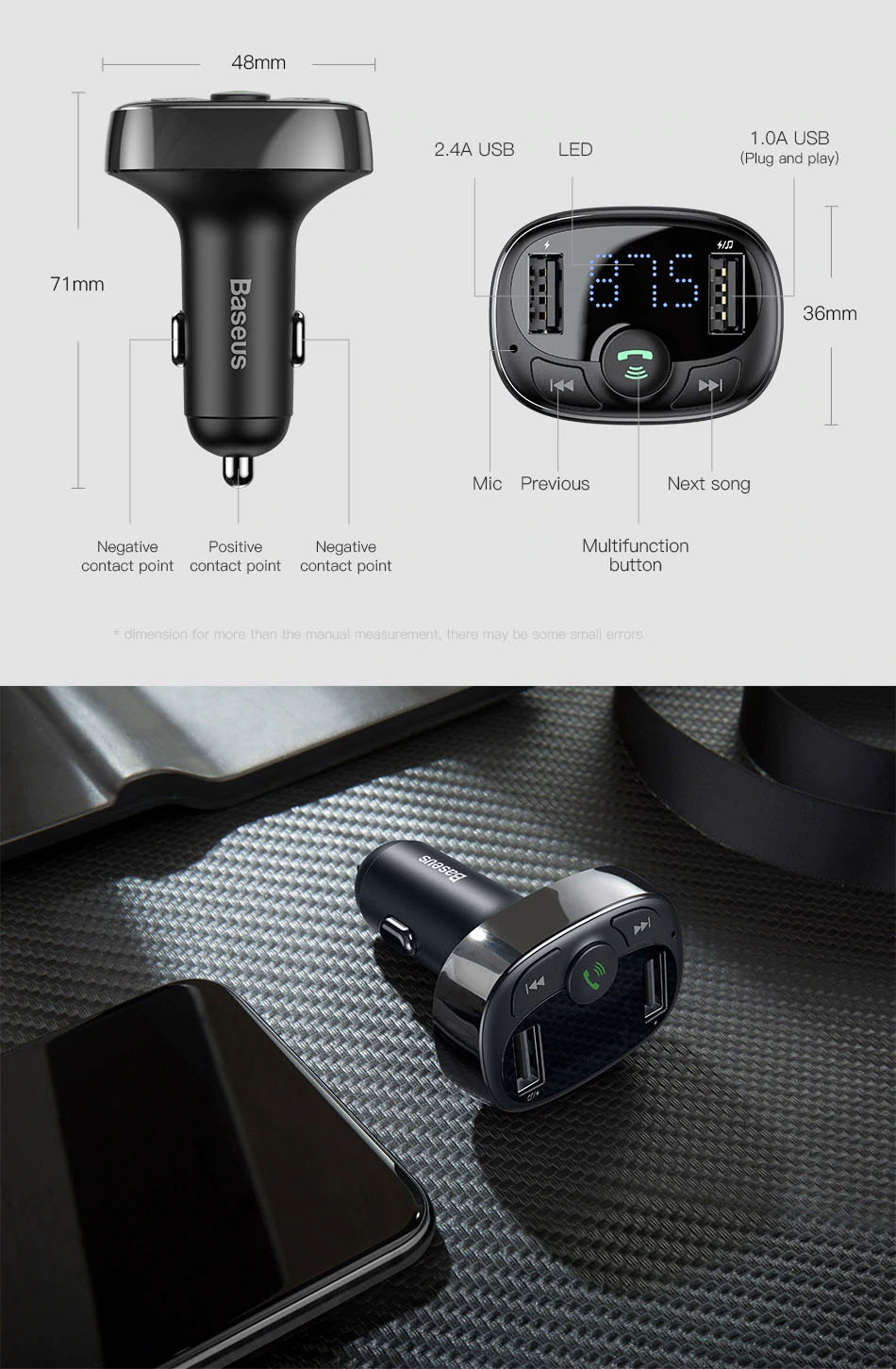 Baseus Chargeur Voiture Kit Mains Libres Émetteur FM Bluetooth Car Kit