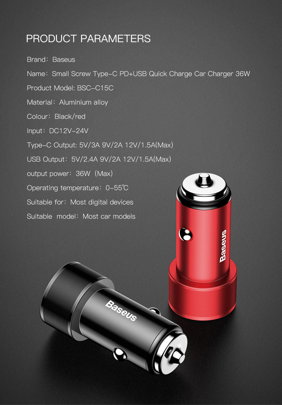 Baseus 36W Dual USB Quick Charge QC 3,0 Chargeur de Voiture USB Type-C PD Chargeur Rapide