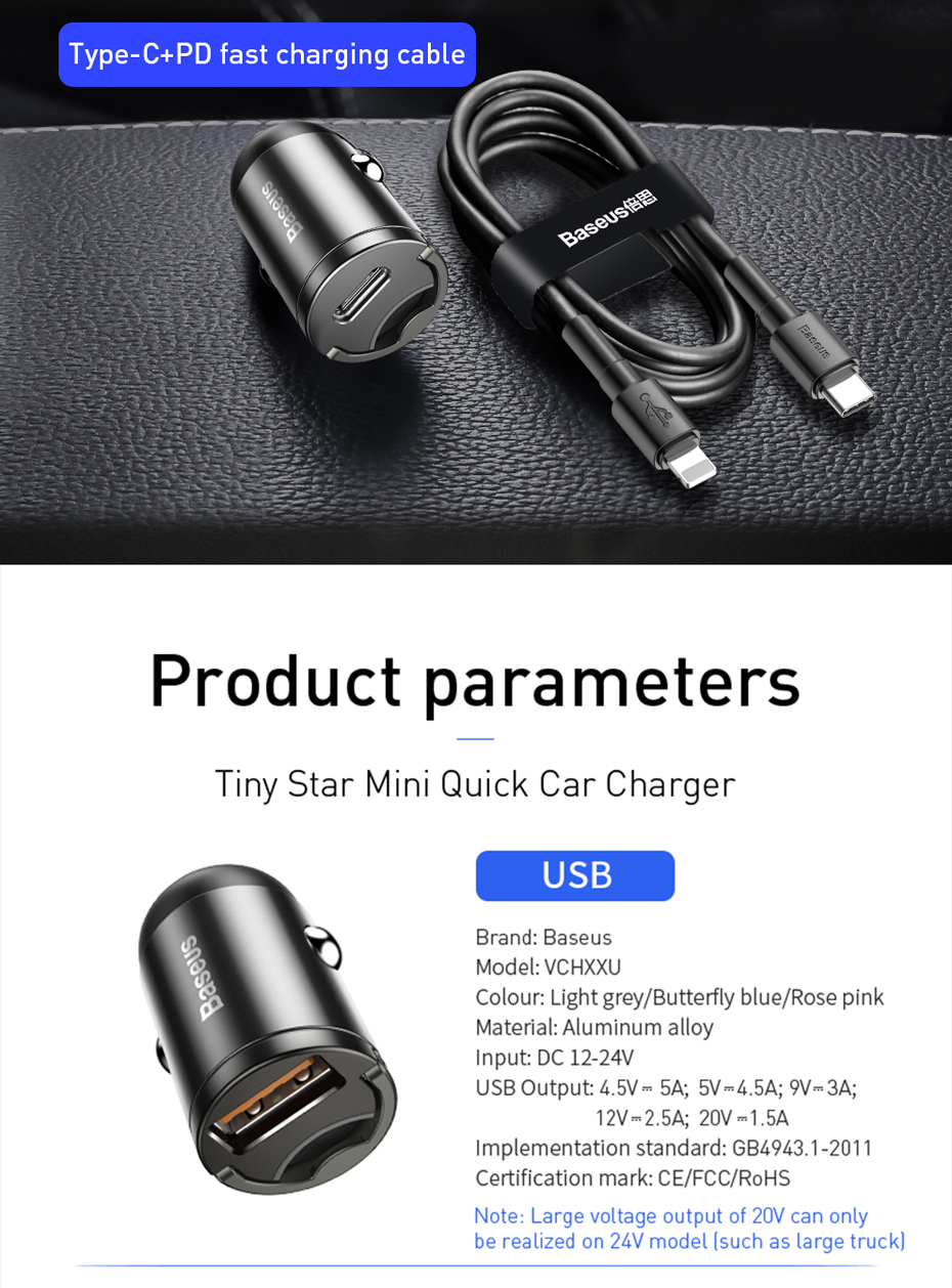 Baseus Quick Charge 4,0 3,0 USB C Chargeur Auto pour Huawei P30 Xiaomi Mi9 Téléphone QC4.0 QC3.0 Type C PD 3,0 Charge Rapide Auto