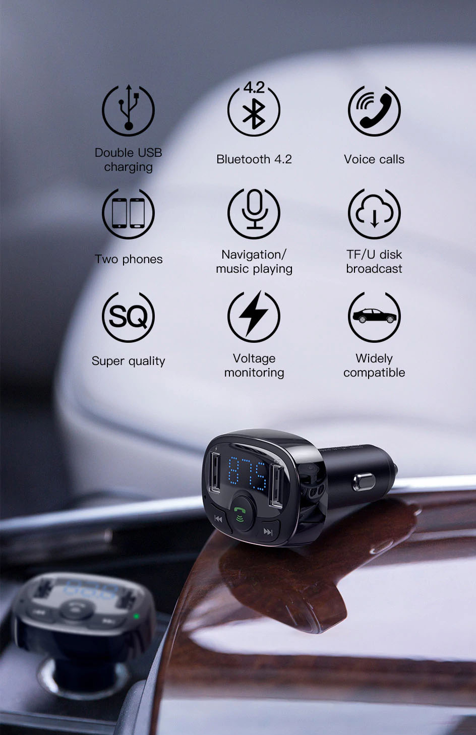 Baseus Chargeur Voiture Kit Mains Libres Émetteur FM Bluetooth Car Kit