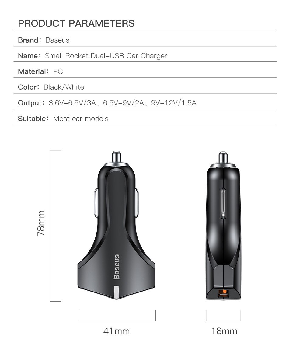 Baseus Quick Charge 3,0 Chargeur de voiture Pour Samsung/Huawei/Xiaomi Chargeur rapide QC 3,0 USB Chargeur de téléphone
