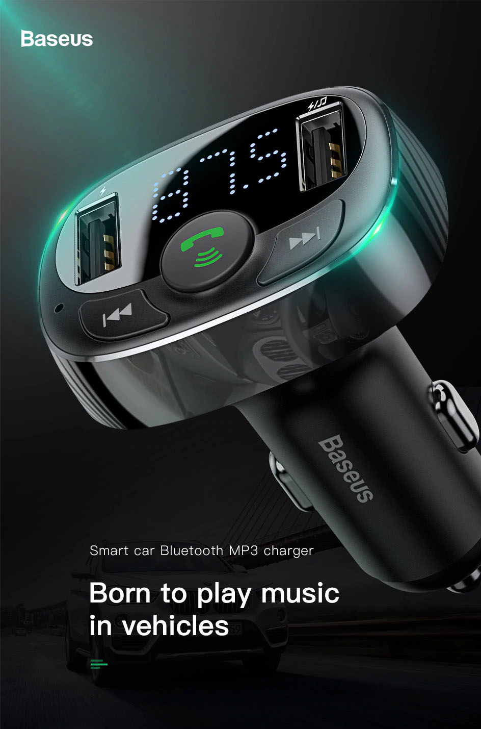 Baseus Chargeur Voiture Kit Mains Libres Émetteur FM Bluetooth Car Kit