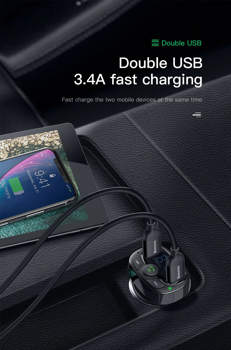 Baseus Chargeur Voiture Kit Mains Libres Émetteur FM Bluetooth Car Kit