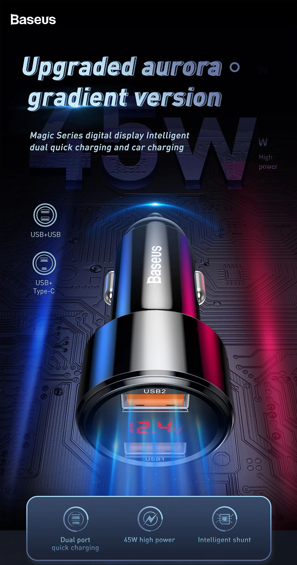 Baseus 45W Quick Charge 4,0 3,0 Chargeur de voiture USB Upgrade SCP QC4.0 QC3.0 Charge rapide PD USB C Chargeur de téléphone pour voiture