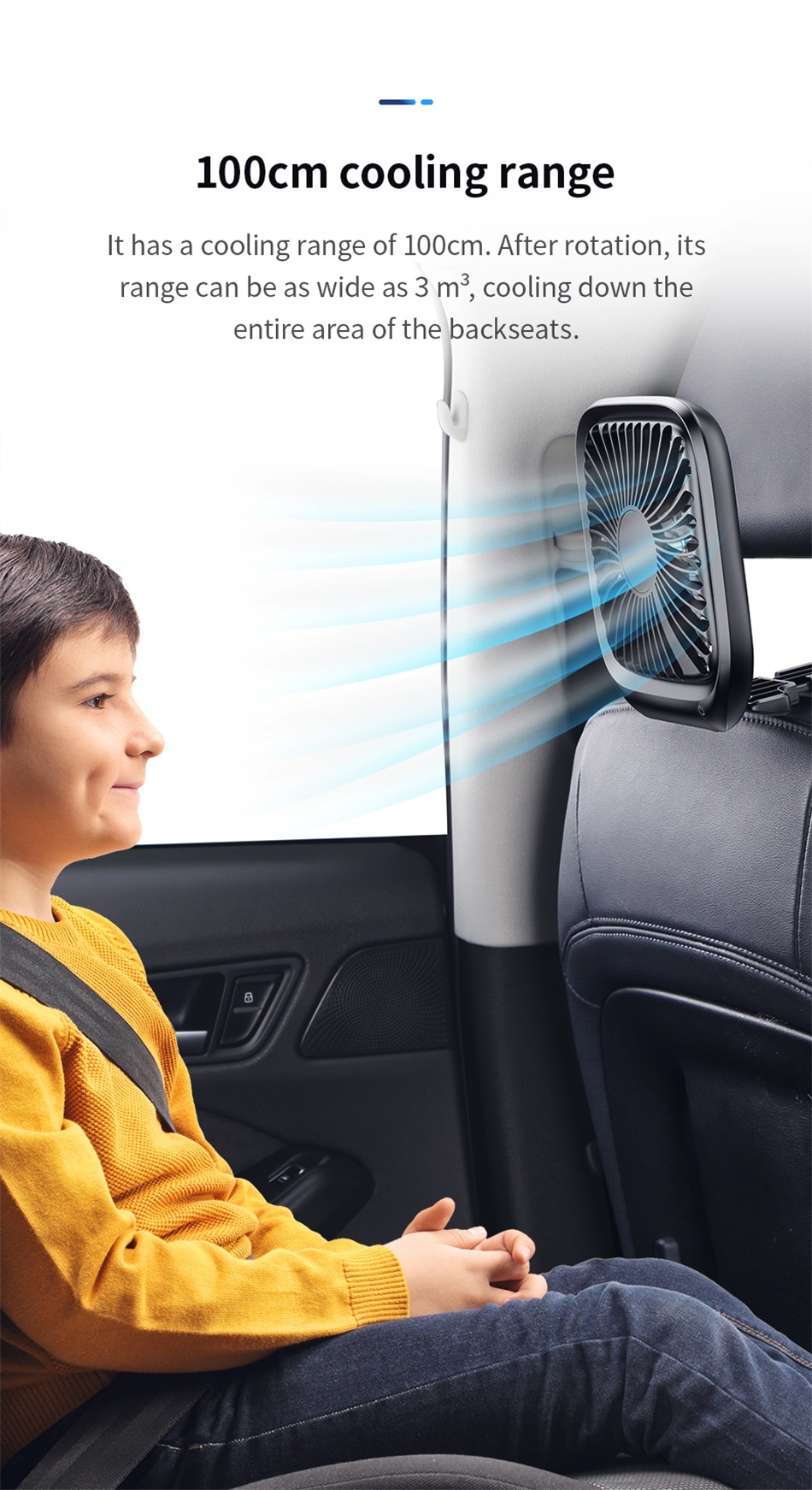 Baseus Ventilateur rafraîchissant pliable Schweigen pour climatisation des sièges arrière de voiture, 3 vitesses réglables, mini ventilateur USB, ventilateur de bureau, refroidissement voiture