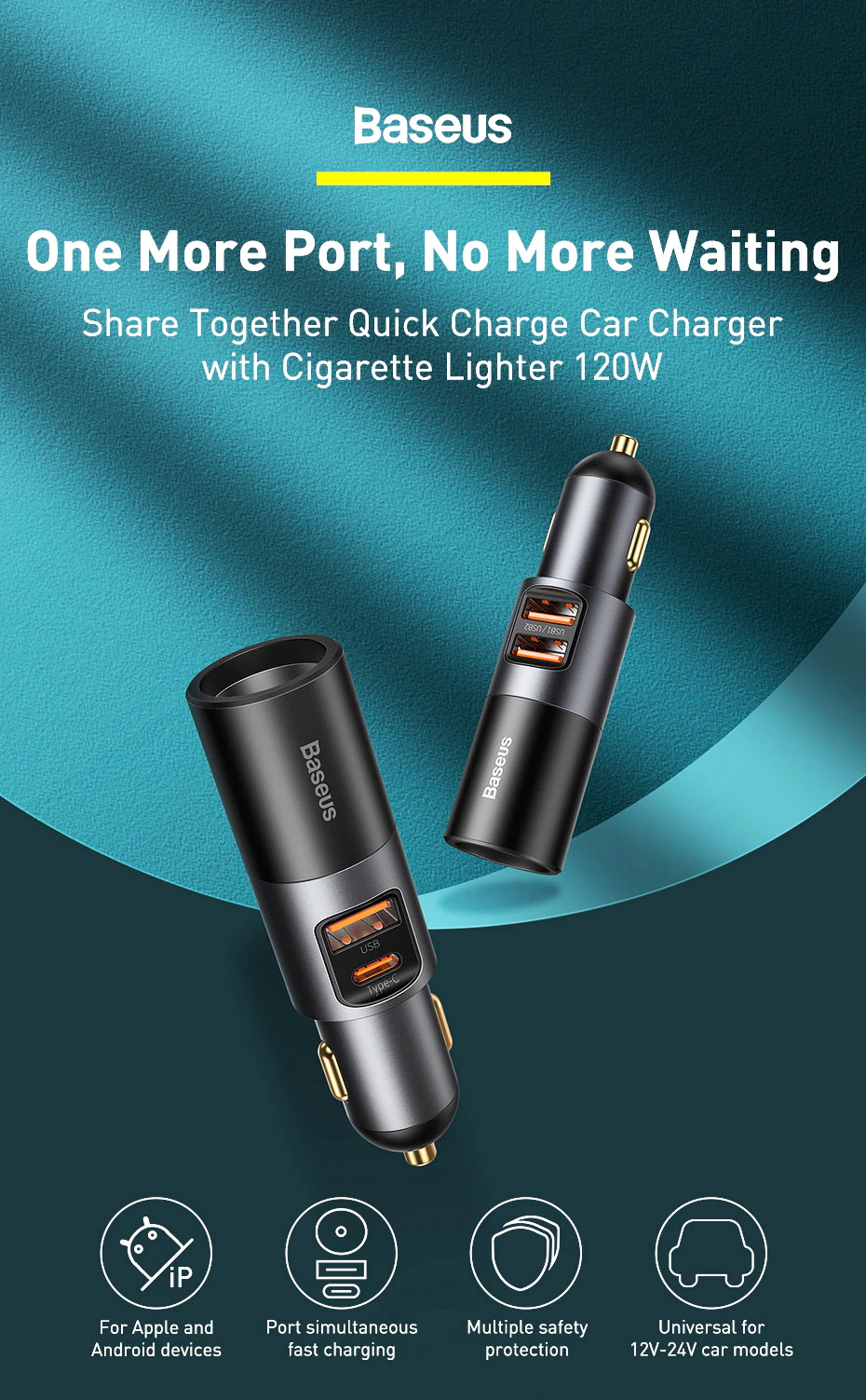 Baseus 120W Chargeur de téléphone pour voiture QC3.0 PD3.0 USB Pour iPhone 12 Pro Samsung Xiaomi Port d'extension