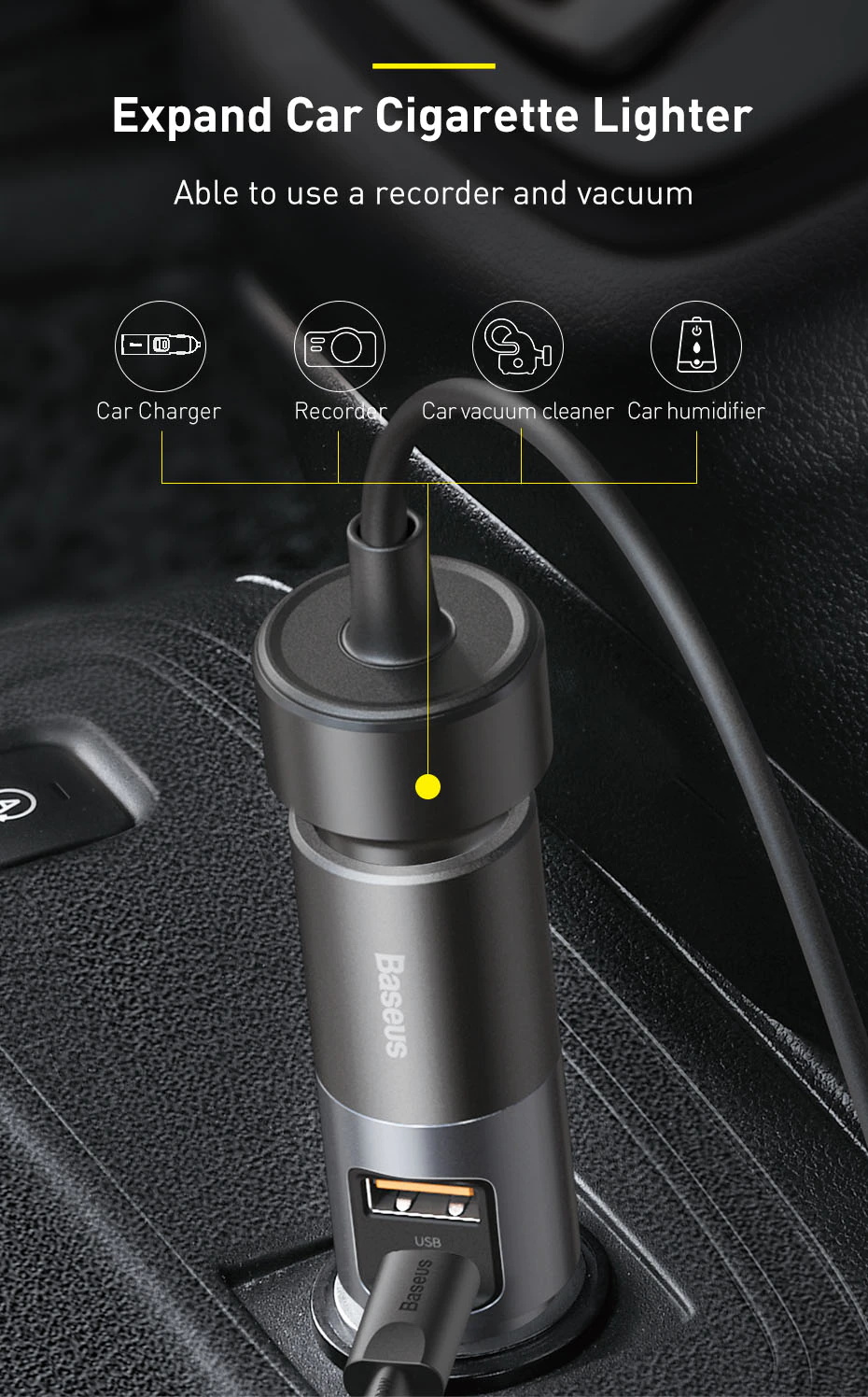 Baseus 120W Chargeur de téléphone pour voiture QC3.0 PD3.0 USB Pour iPhone 12 Pro Samsung Xiaomi Port d'extension