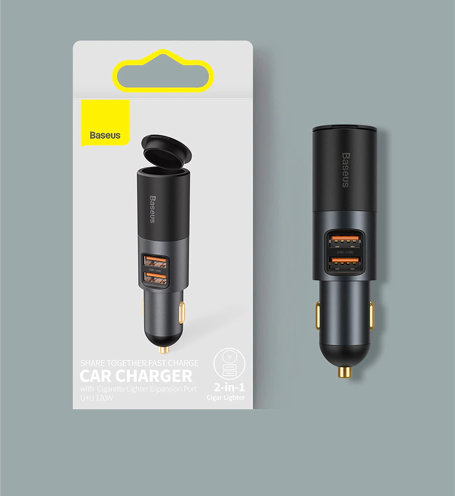 Baseus 120W Chargeur de téléphone pour voiture QC3.0 PD3.0 USB Pour iPhone 12 Pro Samsung Xiaomi Port d'extension