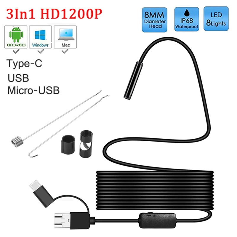 8mm objektiv Kamera Endoskop HD 1200P IP68 Fest Flexible Rohr Mirco USB Typ-C Endoskop video Inspektion für...