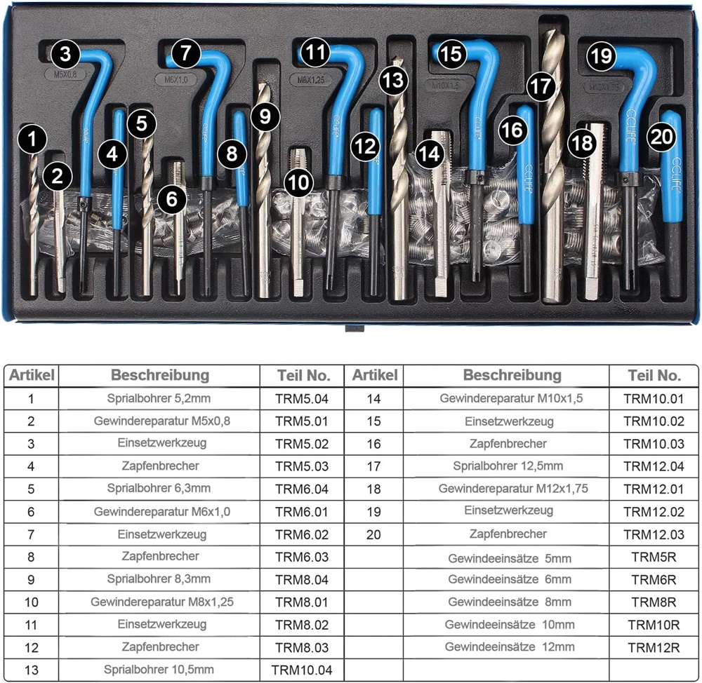 131-tlg Gewindereparatur Gewinde Reparatur Satz mit M5 M6 M8 M10 M12