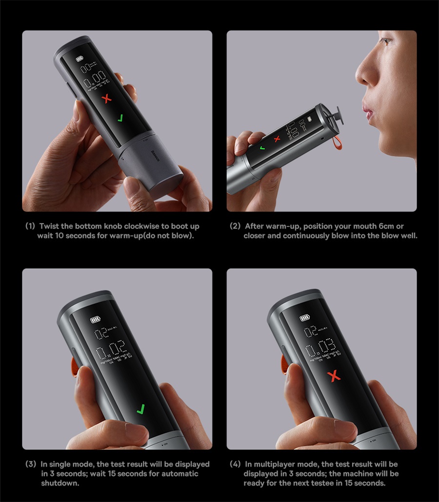 Baseus Testeur d'alcool haute précision, rappel de sécurité pour conducteur, portable rechargeable, diagnostic, éthylotest Alcometer