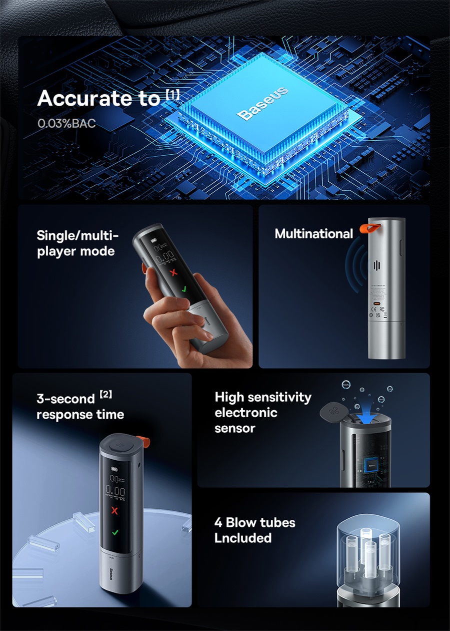 Baseus Testeur d'alcool haute précision, rappel de sécurité pour conducteur, portable rechargeable, diagnostic, éthylotest Alcometer