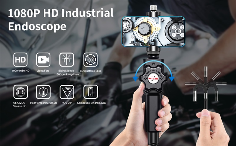 Ralcam Endoskopkamera mit Licht Camera - Inspektionskamera 8.5mm HD1080P Industrial Endoscope für Android und...
