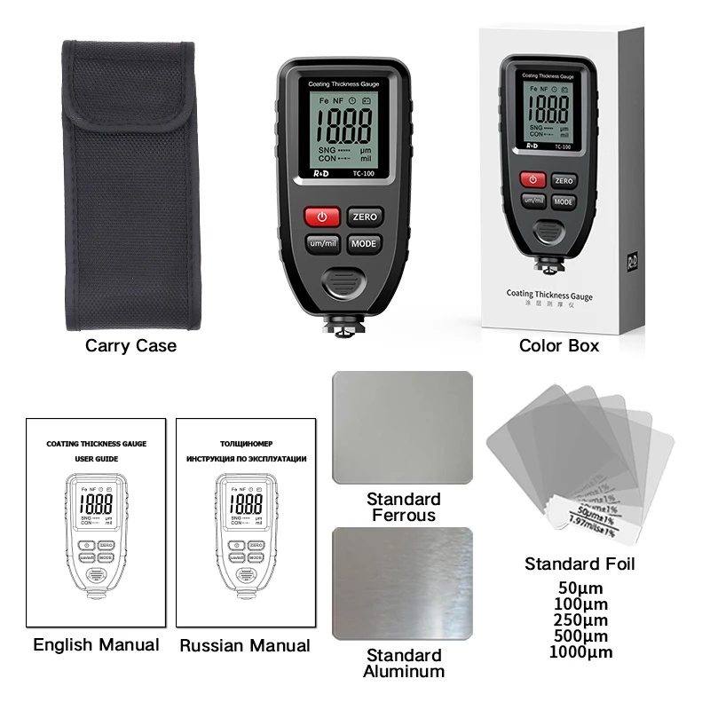 R&D TC100 Beschichtung Dicke Gauge 0,1 micron/0-1300 Autolack Film Dicke Tester Meter Mess FE/NFE russische...