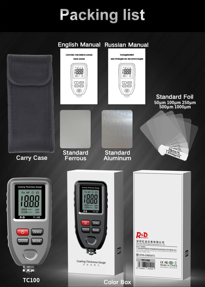 R&D TC100 Beschichtung Dicke Gauge 0,1 micron/0-1300 Autolack Film Dicke Tester Meter Mess FE/NFE russische...