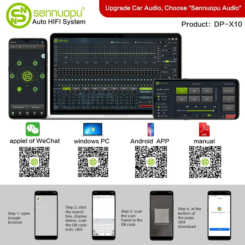 Sennuopu DP-X10 1000W DSP Processeur Bluetooth Amplificateur Auto 4 Canaux Classe A Auto 12V Automotivo Audio Low Amp pour Son Auto