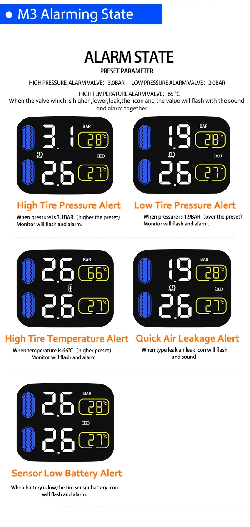 M3 Moto Système de surveillance de la pression des pneus en temps réel imperméable pour moto TPMS Affichage LCD sans fil Capteurs externes