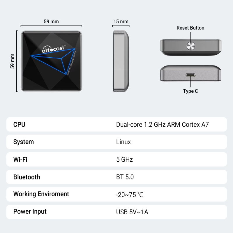 A2air Pro Adaptateur Android Auto filaire vers sans fil, accessoire auto Android, dongle Bluetooth de mise à niveau pour Nissan VW Ford