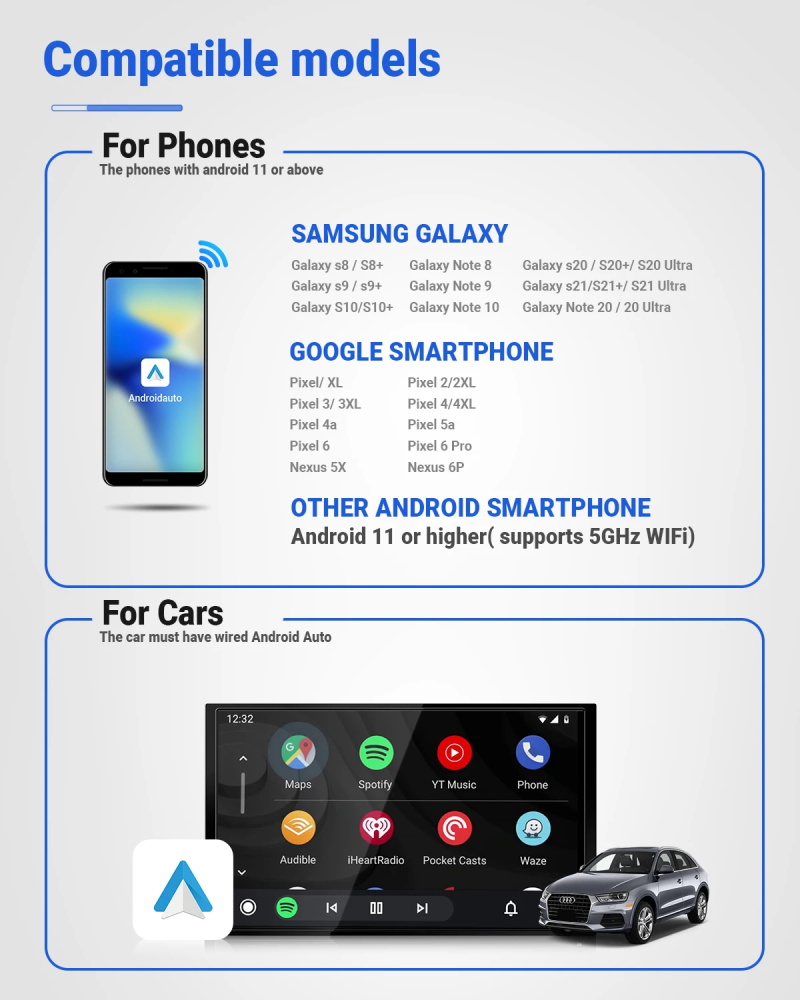 A2air Pro Adaptateur Android Auto filaire vers sans fil, accessoire auto Android, dongle Bluetooth de mise à niveau pour Nissan VW Ford