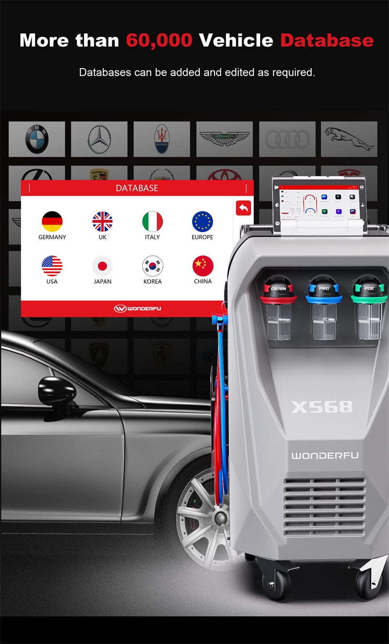 WONDERFU X568 Vollautomatisches Klimaservicegerät mit Rückgewinnung, Spülung, Datenbank und Drucker (für R134a)